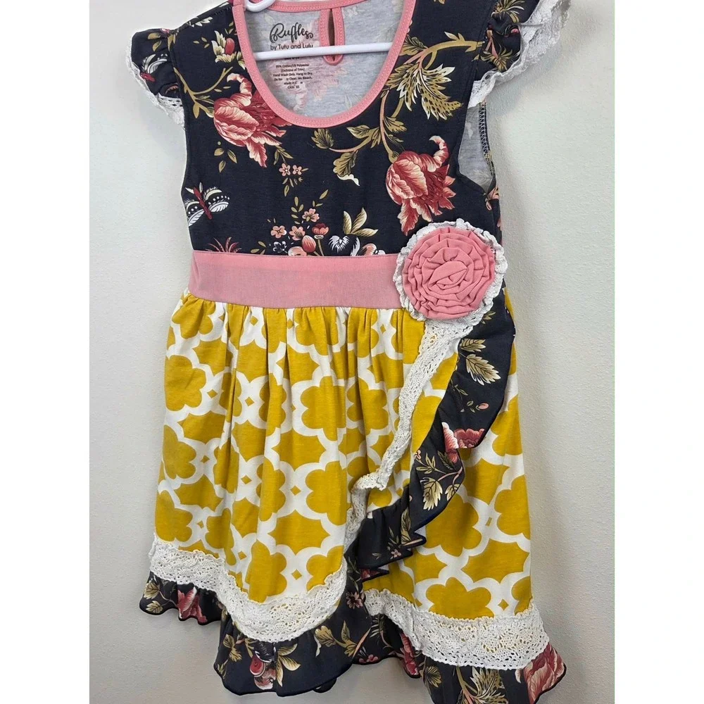 Ruffles by Tutu and Lulu Girls Floral Lace Ruffle Dress Pink Yellow Size 6-7Y